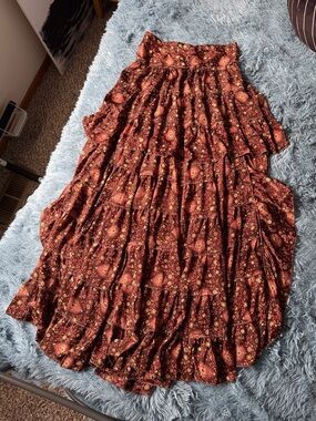 High-Low Floral Maxi Skirt in Burnt Rust Silk OS Up to a Large